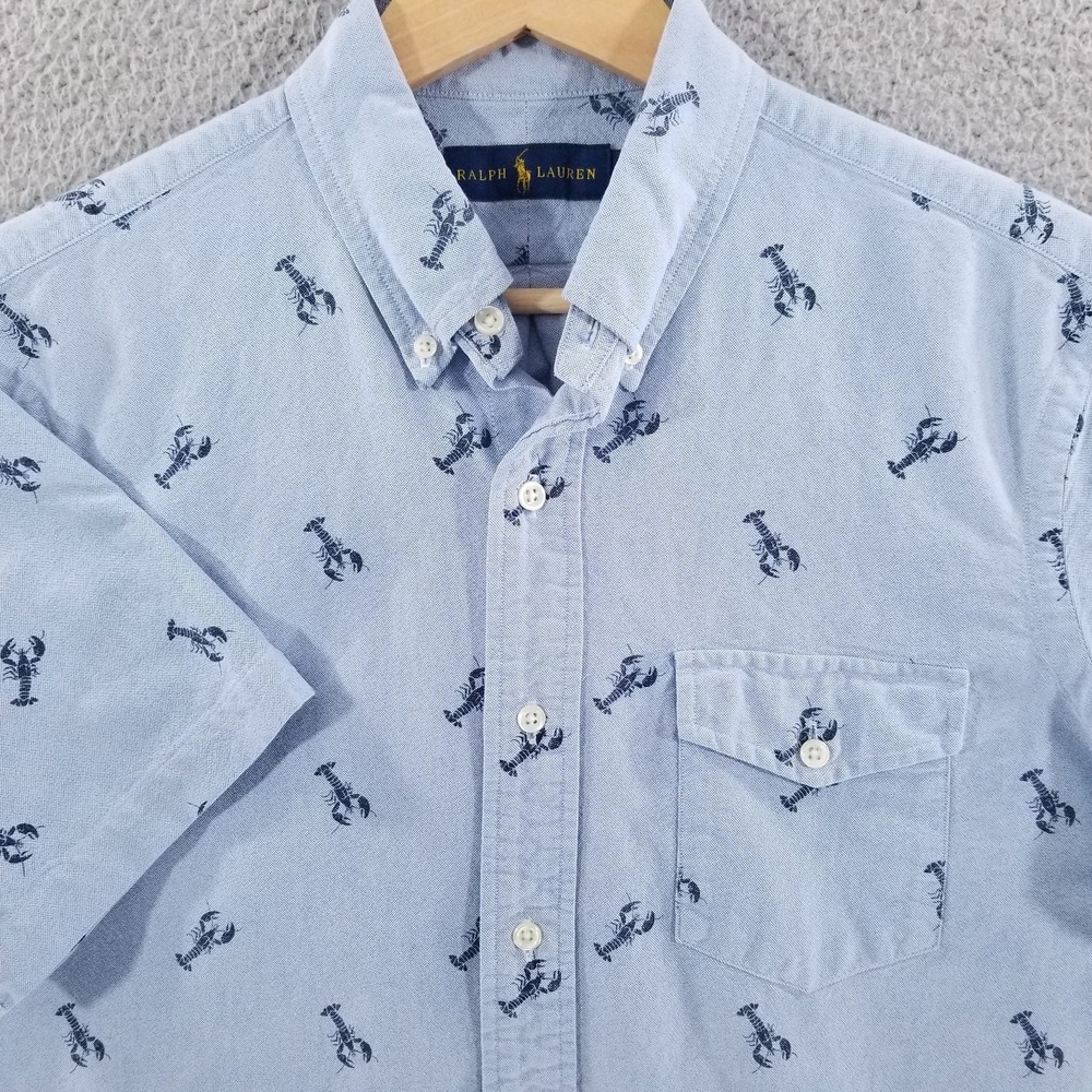 Ralph Lauren Shirt Mens Medium Blue Lobster All Over Print Oxford New England